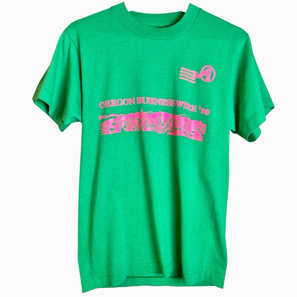 Vintage Oregon Business Week '90s T Shirt Size Medium Green/Pink Screen Stars